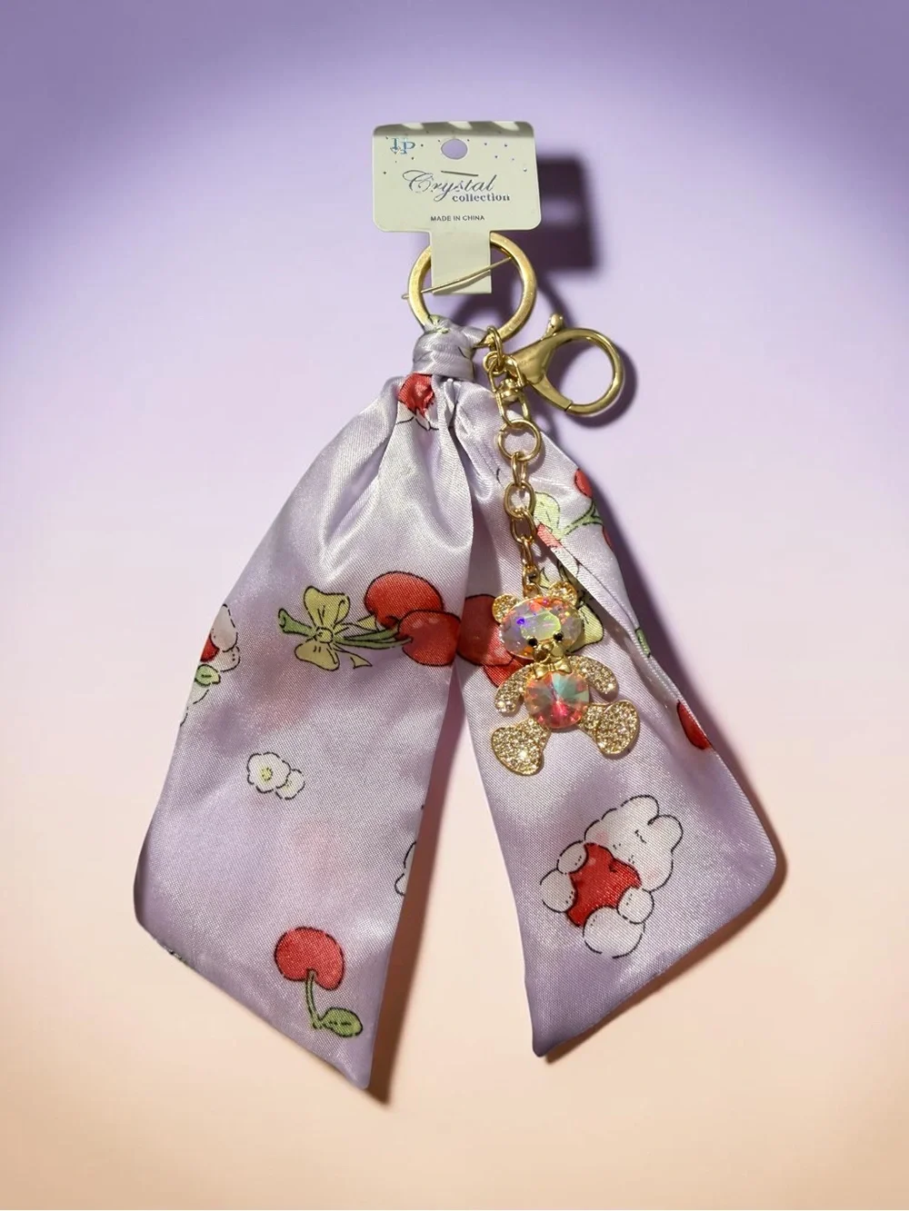Lavender Cherry Scarf Keychain with Gold Teddy Charm